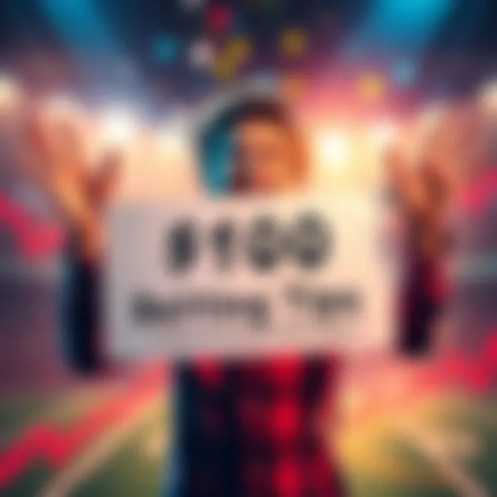 A person excitedly holding a sign that says '$100 in Free Betting Tips' with a backdrop of sports betting symbols and charts.