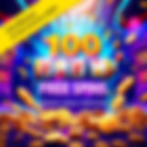 A vibrant graphic showing 100 free spins with a $20 deposit offer, featuring playful slot machine icons and coins, signifying easy wins without wagering requirements.