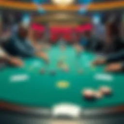 3 Card Poker Table A vibrant 3 Card Poker table with players engaged in the game, chips and cards visible on the felt surface.