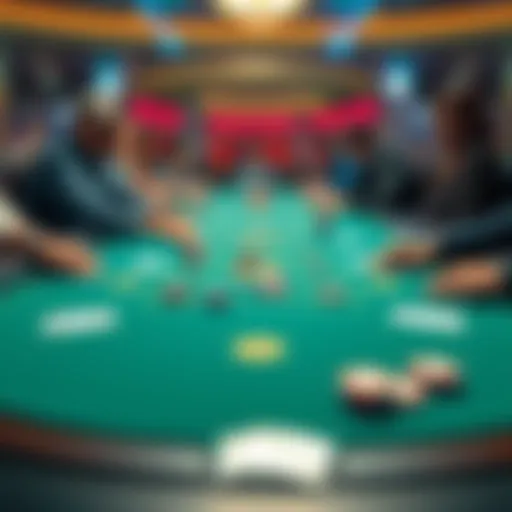 3 Card Poker Table A vibrant 3 Card Poker table with players engaged in the game, chips and cards visible on the felt surface.