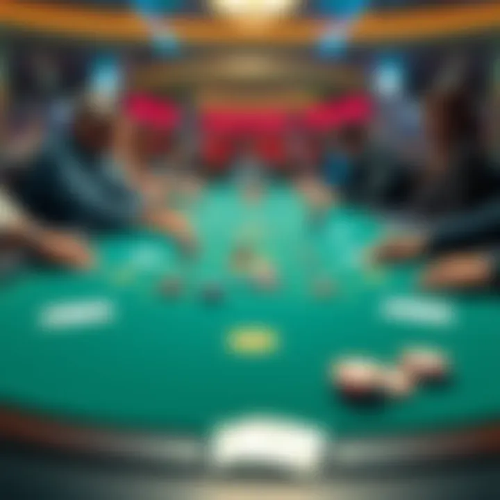 3 Card Poker Table A vibrant 3 Card Poker table with players engaged in the game, chips and cards visible on the felt surface.
