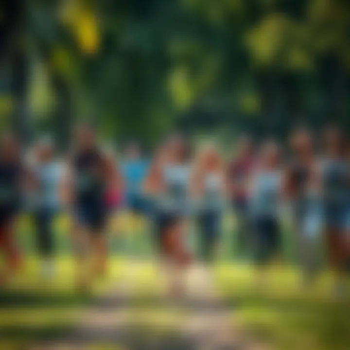 5k Club members training for 10K challenge Group of diverse runners from the 5k Club practicing together in a park, excited about their upcoming 10K challenge.