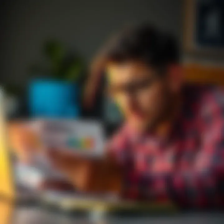 A person looking stressed while reviewing financial documents related to accessibility checks, with stacks of bills and a laptop in the background.