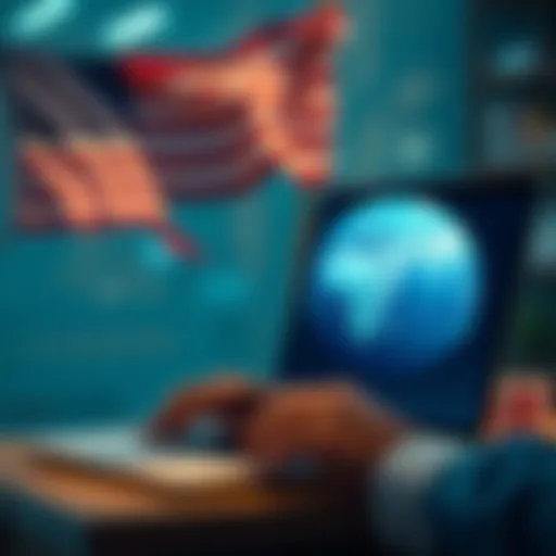 A person using a laptop with a US flag and a globe, representing international banking and accounts