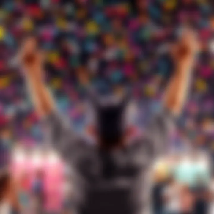 A person celebrating a surprising achievement with arms raised in joy, surrounded by colorful confetti