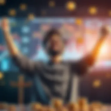 Achieving Financial Balance A person smiling with arms raised in celebration, surrounded by financial symbols like coins and charts indicating balance.