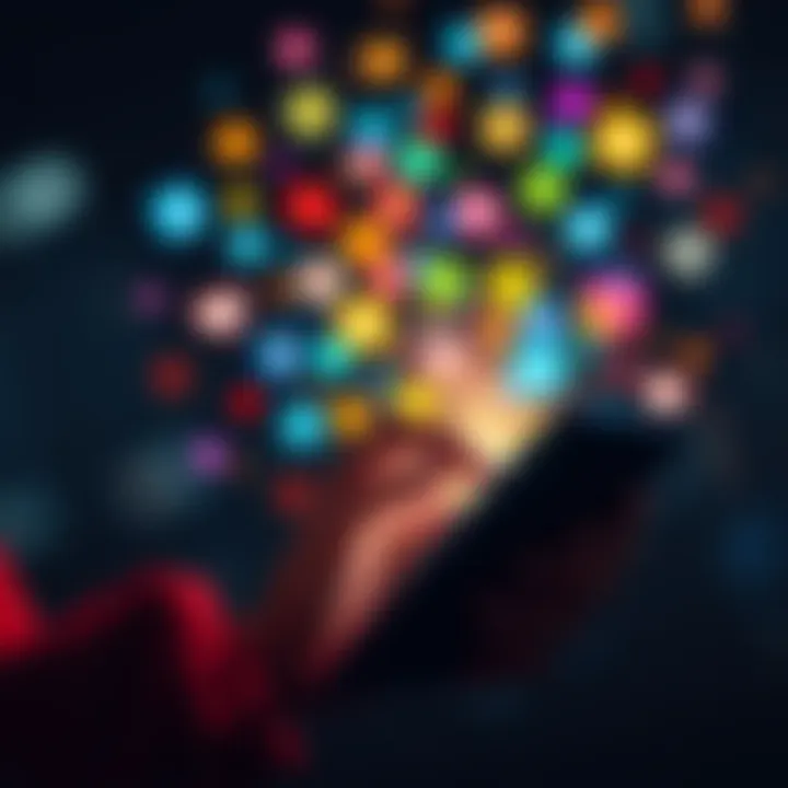 A person engaging with a digital device, actively posting on social media, surrounded by colorful social media icons, representing online activity.