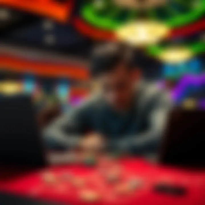 A tired person looks distressed at a casino table surrounded by gambling chips and a laptop with crypto charts open.