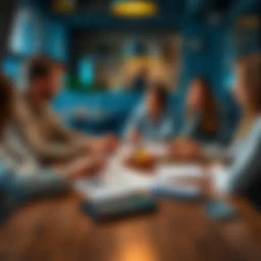 A group of people discussing how to add money to a shared balance with a calculator and notes on a table