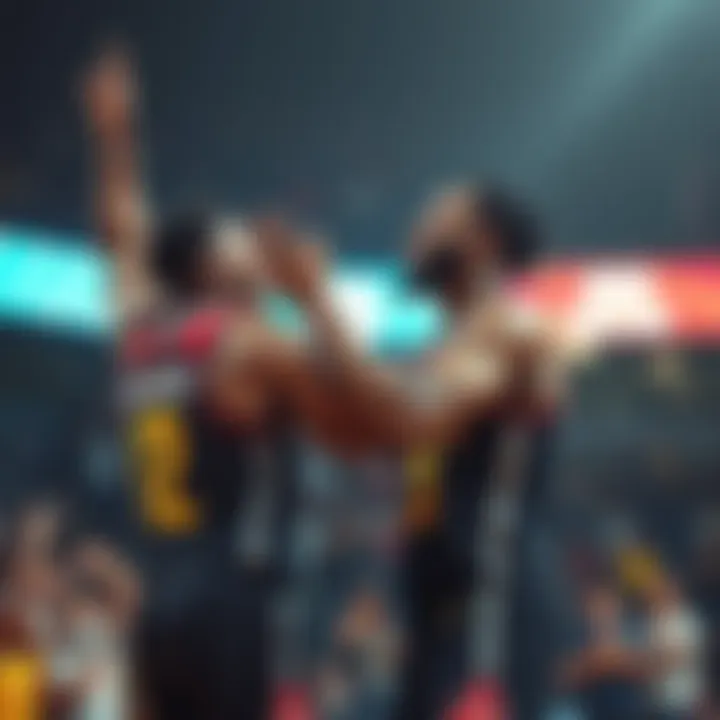 Adebayo and Dunn celebrating together after a thrilling basketball game win, with fans cheering in the background