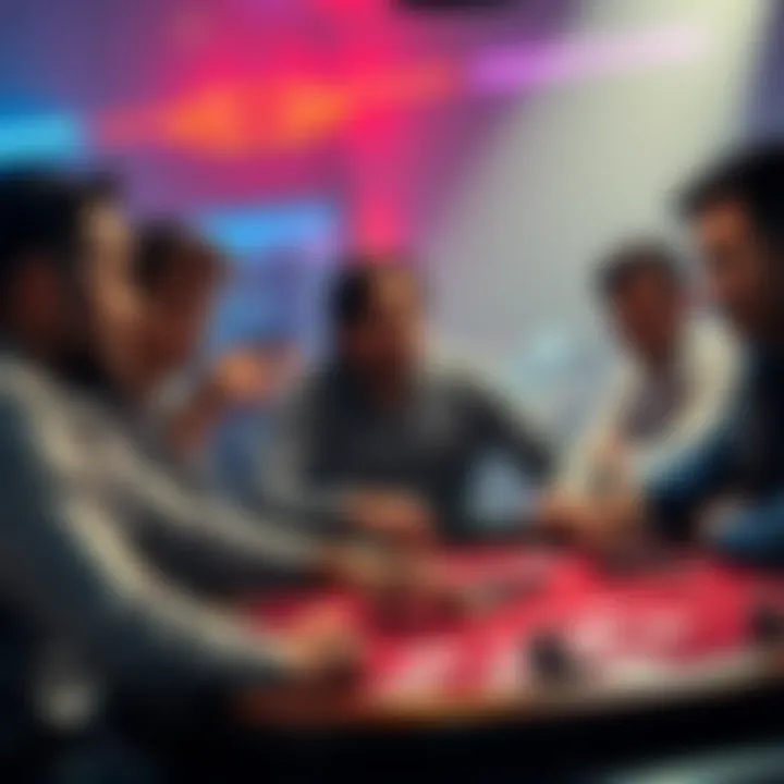 A tense scene at a poker table with a player making an aggressive bet while others react with concern
