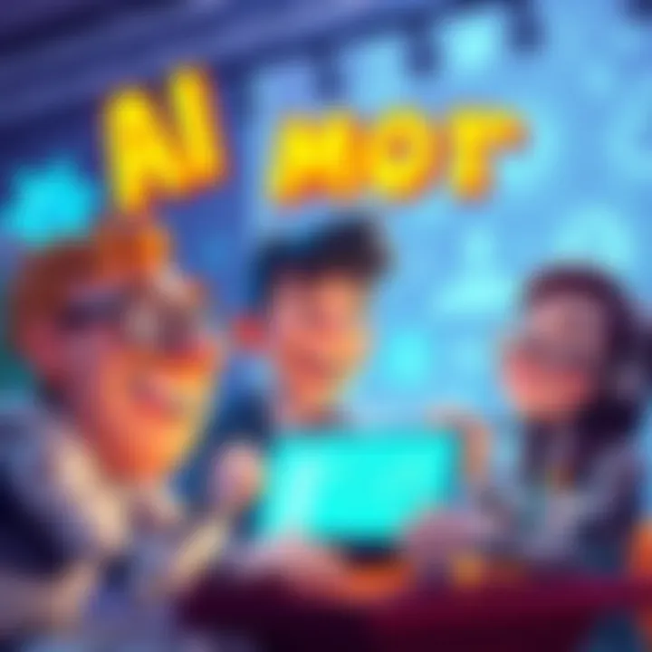 Cartoon characters interacting with funny AI-generated content, smiling and laughing.