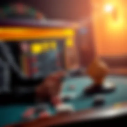 A person using a device at a casino table with cards and chips, contemplating the ethical issues of AI in gambling.