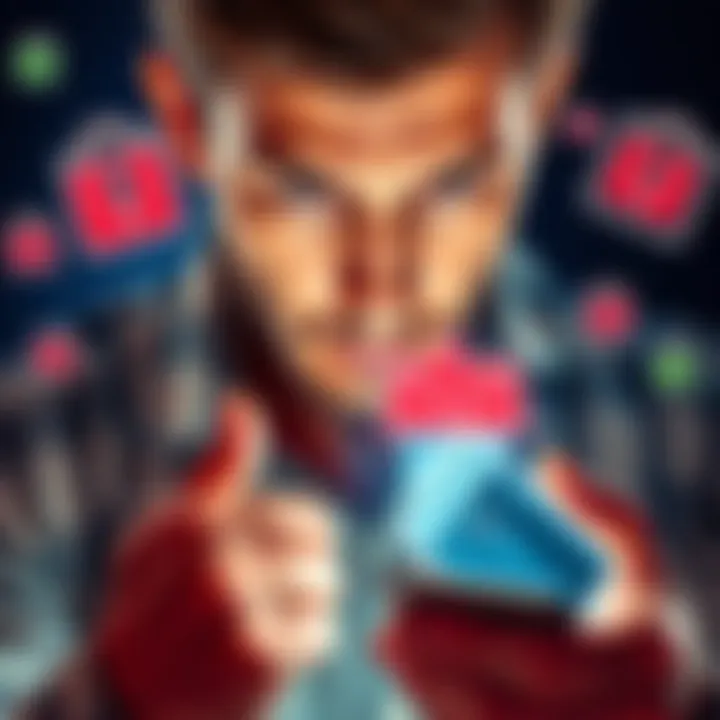 A worried person looks at their phone with alerts about account verification issues, surrounded by symbols of security and payments.