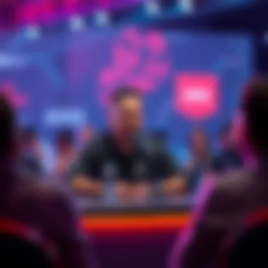 Alex Theologis seated at a table with a microphone, engaging with an audience during a Q&A session about MTT tournaments.