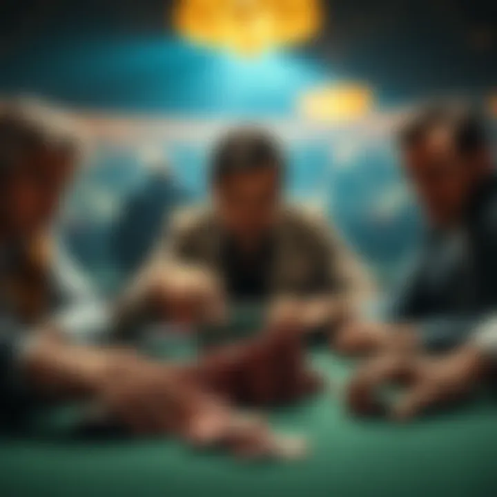 A player pushes all-in chips forward at a poker table with focused expressions from opponents.