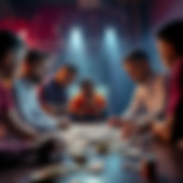 A worried group of people discussing around a table with betting slips and cash, reflecting tension over recent betting losses related to Almeida.