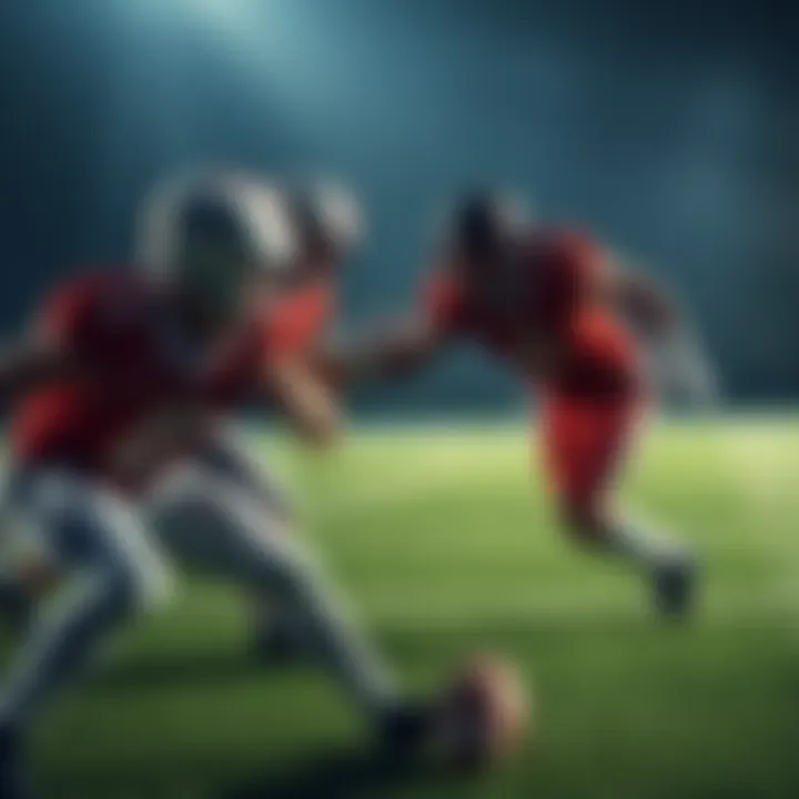 Players in action during a college football game, showcasing intense competition and strategic plays.