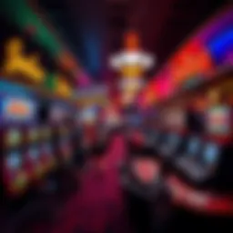 A colorful view of an American Indian casino with slot machines and players at gaming tables, highlighting the casino environment