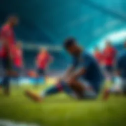 Amon Ra sitting on the ground, holding his injured leg during a game, with teammates looking concerned around him.