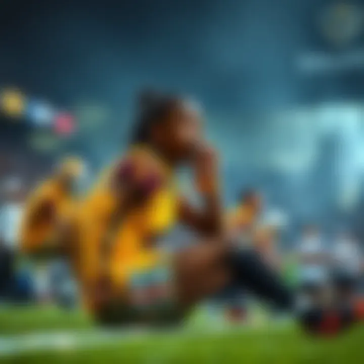 Amon-Ra St. Brown sitting on the sidelines with an injury, looking concerned while teammates are on the field