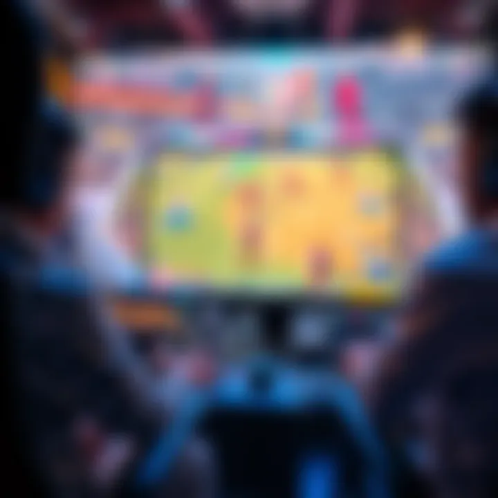 A close-up view of a gaming console with a screen showing a competitive game. Players are focused on their strategies during a low-competitive match.