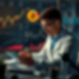 A financial analyst reviewing reports on withdrawals with charts and graphs in the background