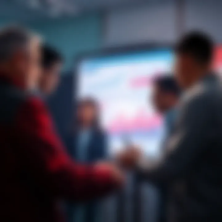 A group of people discussing betting strategies with charts and graphs showing trends in sales and winners.