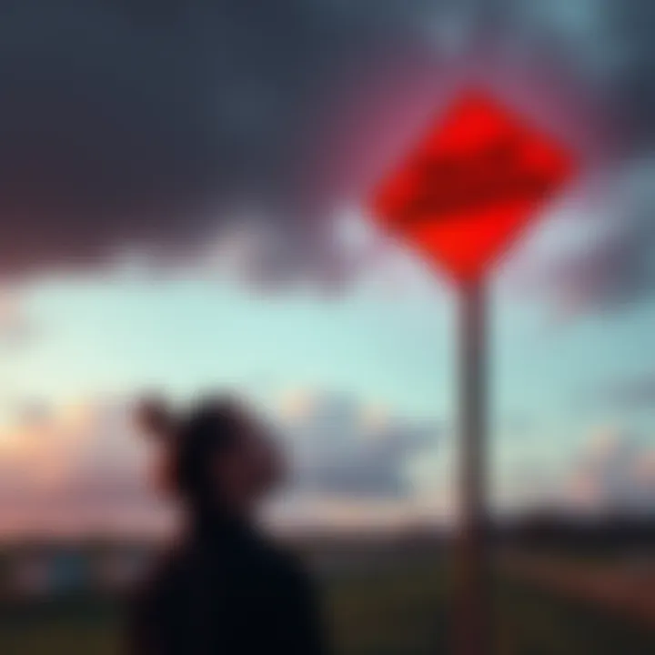 A person looking thoughtfully at a crossroads sign symbolizing decisions and their impacts, with a cloudy sky overhead.