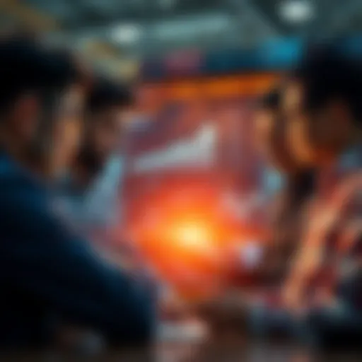 A group of people discussing market trends and implications with charts and graphs in the background