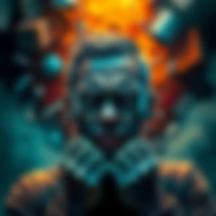 A person with a frowning expression, hands clenched in anger, surrounded by chaotic surroundings