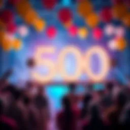 A vibrant celebration scene with a large ‘500’ sign, balloons, and confetti, symbolizing a special anniversary bonus event. People are gathered, excited to participate in the bonus offer.