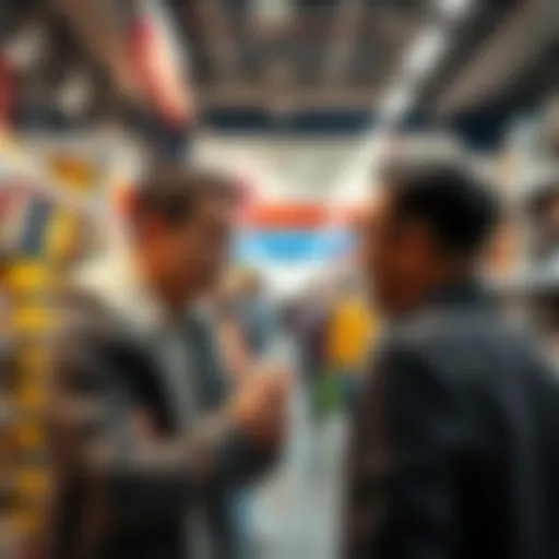 A frustrated customer in a store facing an overly eager salesperson trying to close a sale