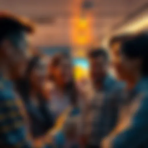 A group of people discussing eagerly about the release of bonus money on Scamduel, showing excitement and curiosity on their faces.