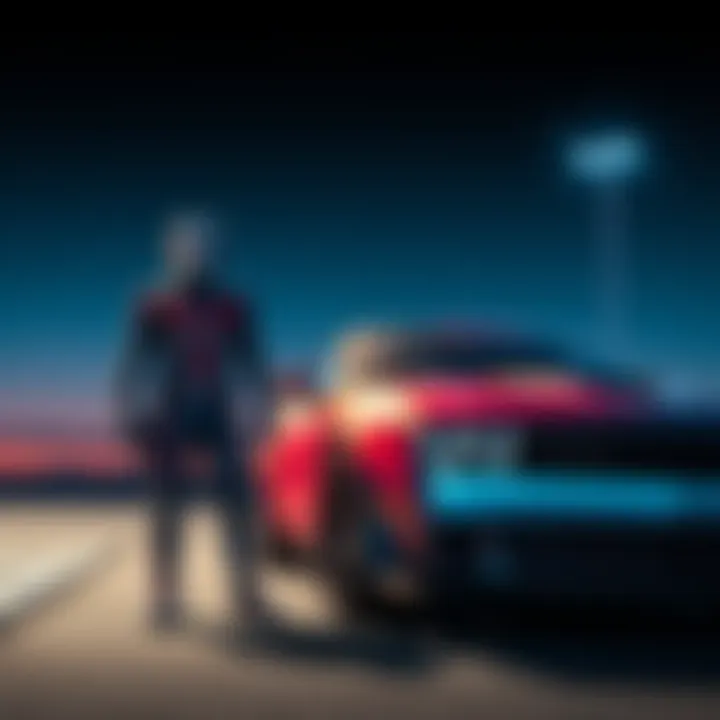 AntMan character standing next to a sleek Hellcat car, symbolizing a blend of pop culture and luxury desires