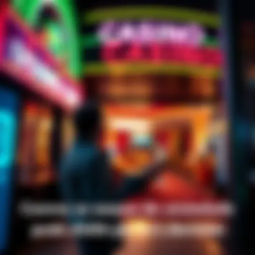 Person looking anxious outside a casino A worried individual standing near a casino entrance, contemplating their decisions while holding a drink, symbolizing anxiety and potential substance use before gambling.