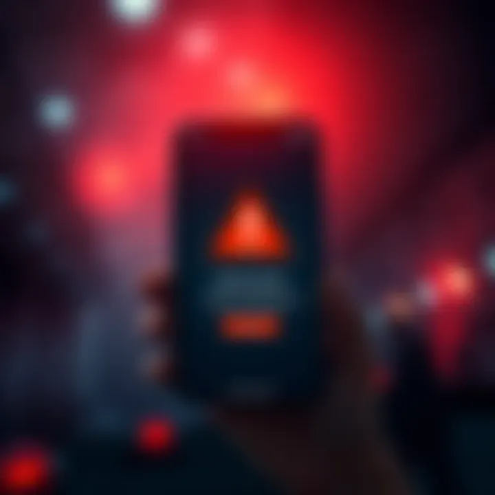 A smartphone displaying an app interface that blocks betting after reaching a loss limit, with a graphic of a warning sign