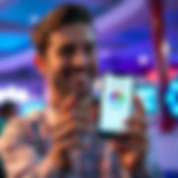 A man smiling while holding a smartphone displaying the new app for managing gambling addiction.