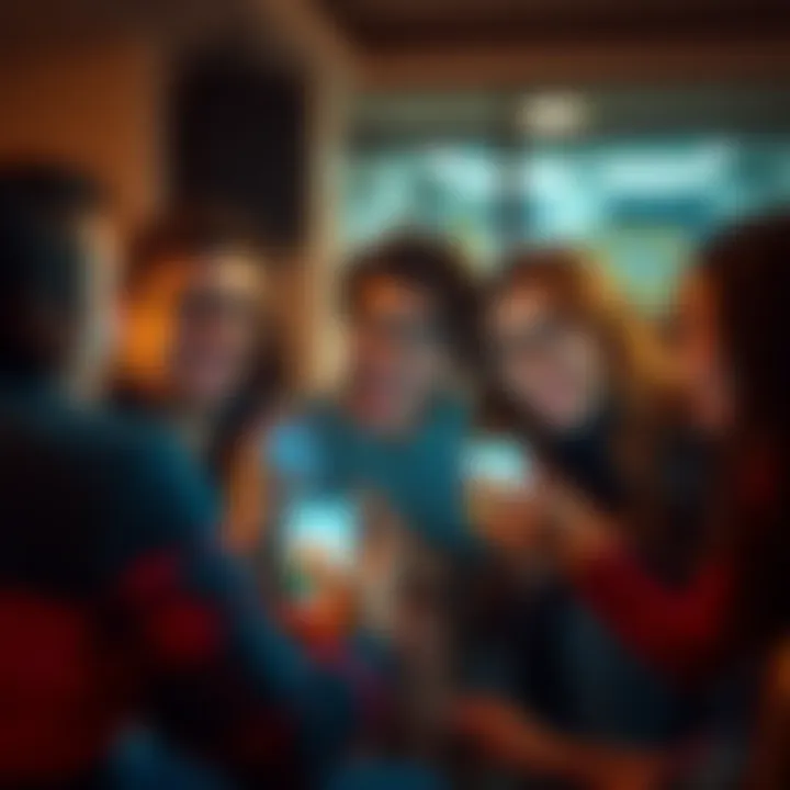 A group of friends laughing while watching a funny prank video on their phones, showing reactions to a viral joke.