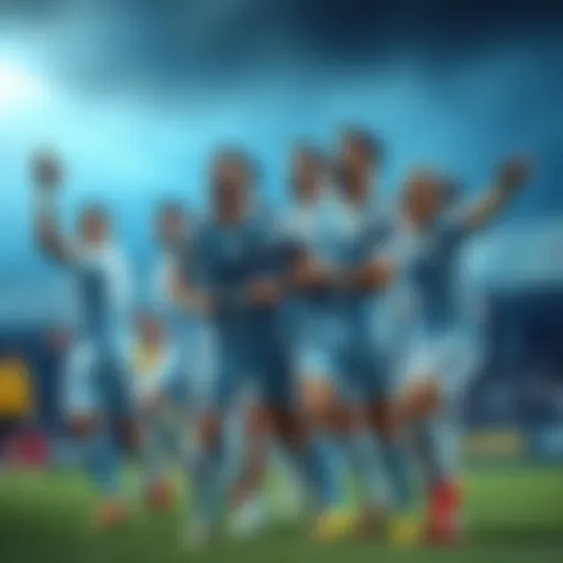 Argentina team celebrating a comeback Argentina soccer players joyfully celebrating after scoring a goal to equalize in a match they were losing 2-0