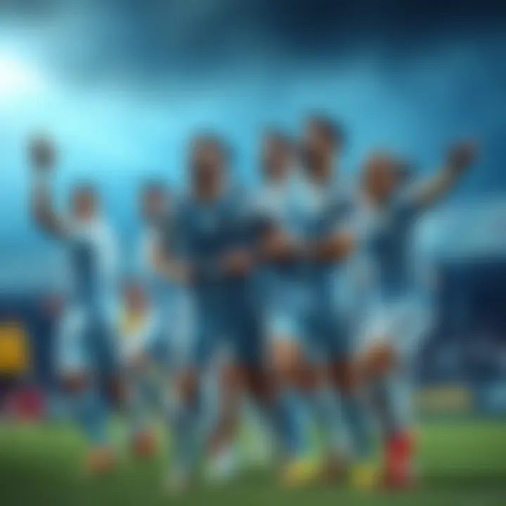 Argentina team celebrating a comeback Argentina soccer players joyfully celebrating after scoring a goal to equalize in a match they were losing 2-0
