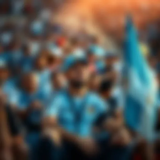 An Argentinian soccer fan sitting alone in a crowd, showing mixed emotions after the team's win, wearing a team jersey and holding a flag, looking contemplative