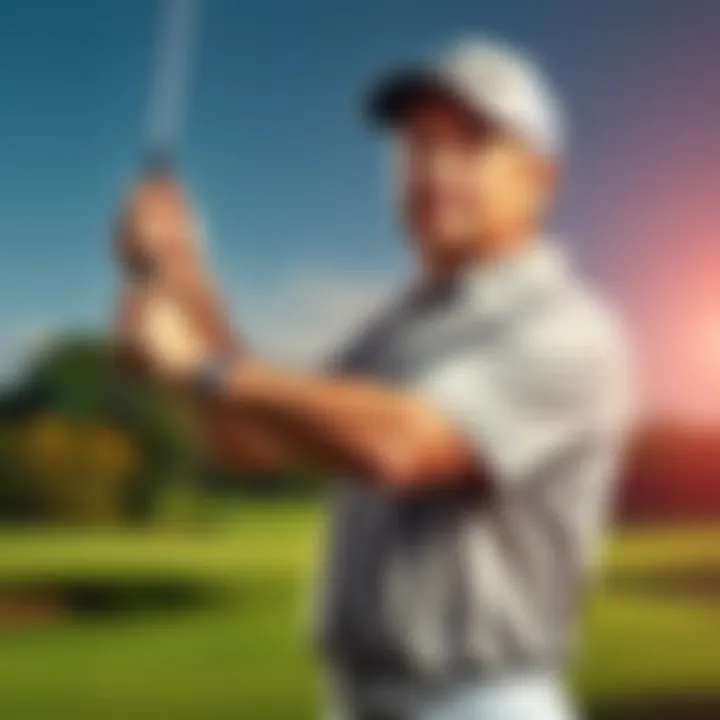 Arnold Palmer showcasing his favorite golf selections with a golf club in hand