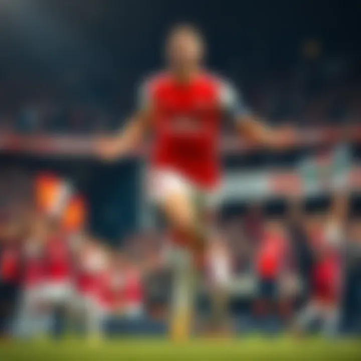 An Arsenal player celebrating a goal during a UCL match, with fans cheering in the background.