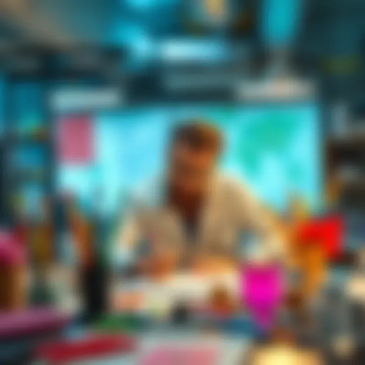 An artist is sketching ideas at a creative lab surrounded by colorful materials