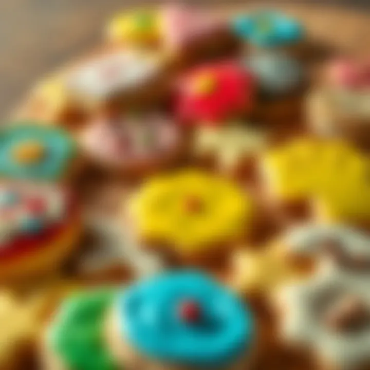 A variety of colorful cookies arranged on a wooden table, showcasing different shapes and toppings, representing popular Brazilian treats.