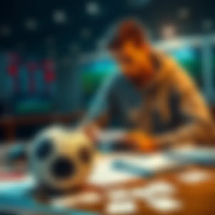 A person studying sports betting statistics with a football and betting slips on the table