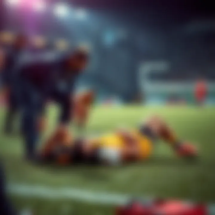 An athlete lying on the ground in pain during a game, with teammates and medical staff attending to him.