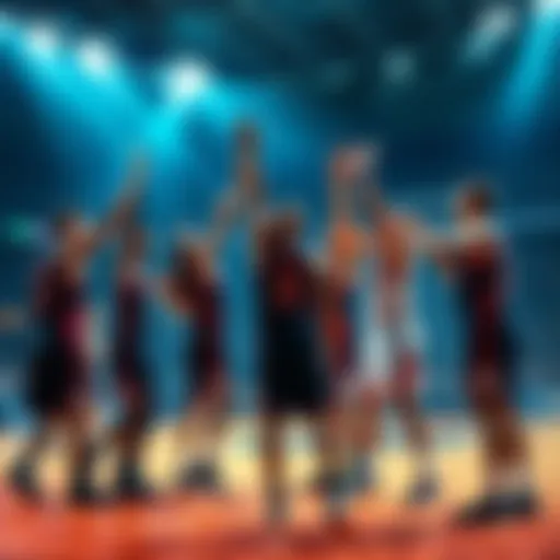 A group of athletes cheer and high-five each other after scoring 48 points in two games, showing excitement and teamwork on the basketball court.