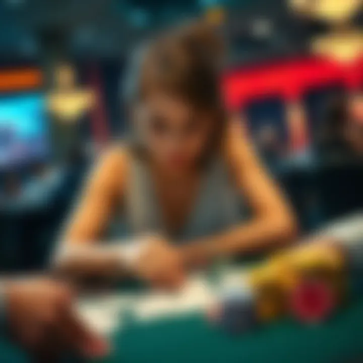 Aubrey focused at the poker table during the women's event, surrounded by cards and chips, showing determination to win.